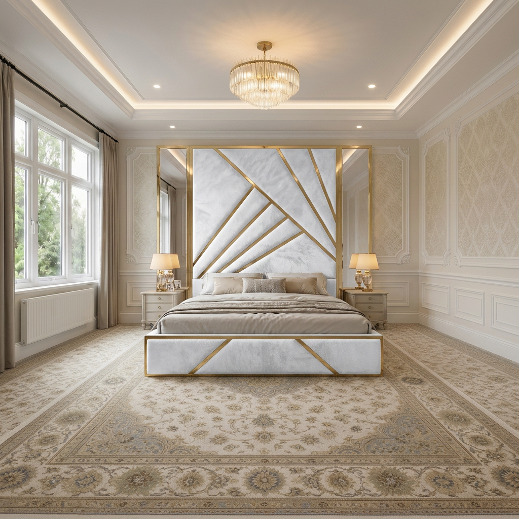 magnific_use-the-provided-room-ref_2960290921 Brand New Elegant Luxury Beds – Wallmounted Beds White Velvet Geometric Tall Headboard with Mirrors - UK Handcrafted - Image 1
