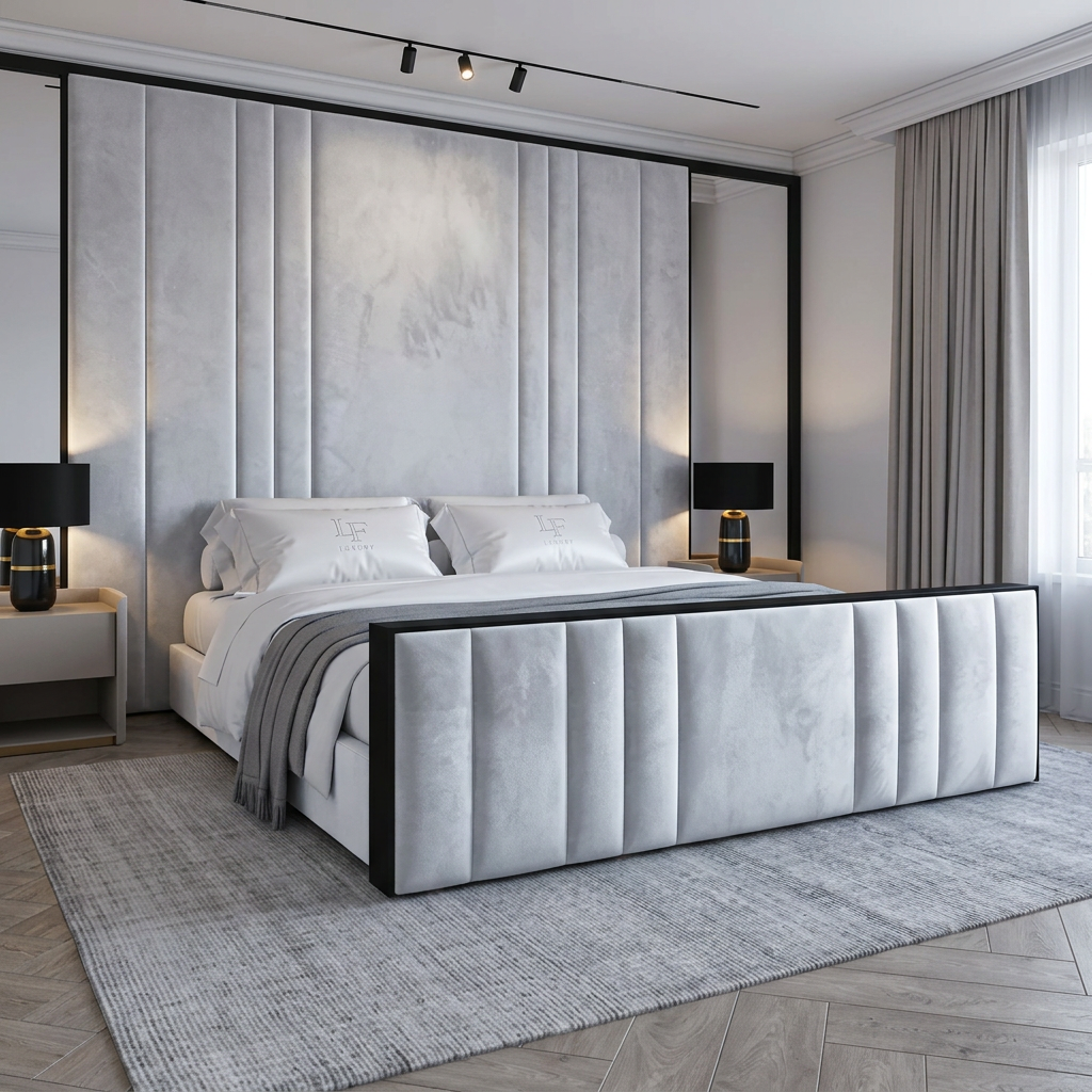magnific_use-the-provided-room-ref_2960370369 Brand New Elegant Full Wallmounted Beds – Luxury Silver Velvet Panel with Black Frame & Integrated Mirrors - Image 1