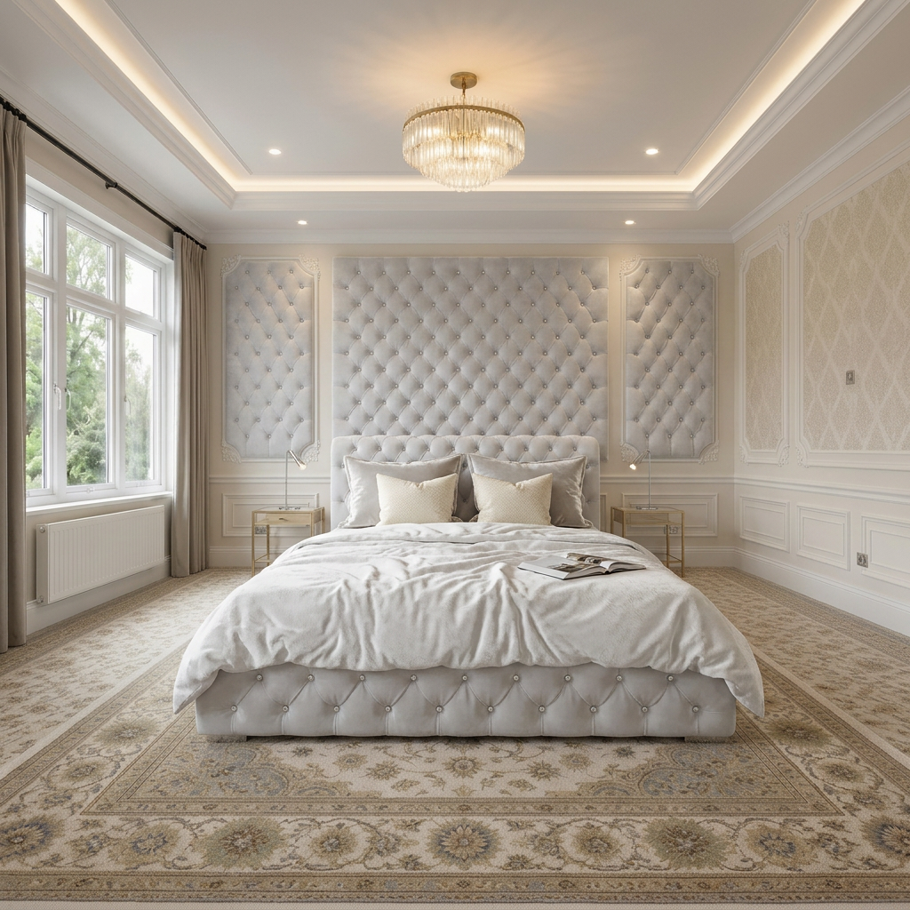 magnific_use-the-provided-room-ref_2960384541 Brand New Elegant Full Wallmounted Beds – Luxury Beds Pearl Velvet Tufted Crystal Button Suite - UK Handcrafted - Image 1