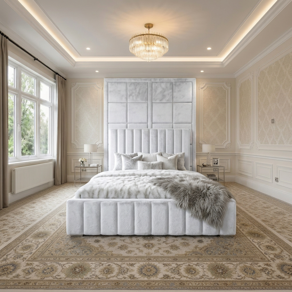 magnific_use-the-provided-room-ref_2960406699 Brand New Elegant Luxury Beds – Wallmounted Beds with Statement Tall Headboard & Plush Upholstered Frame - UK Handcrafted - Image 1
