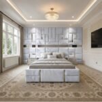 Brand New Elegant Full Wallmounted Beds – Luxury Beds Silver Velvet Geometric Wall Suite with Mirrors - UK Handcrafted