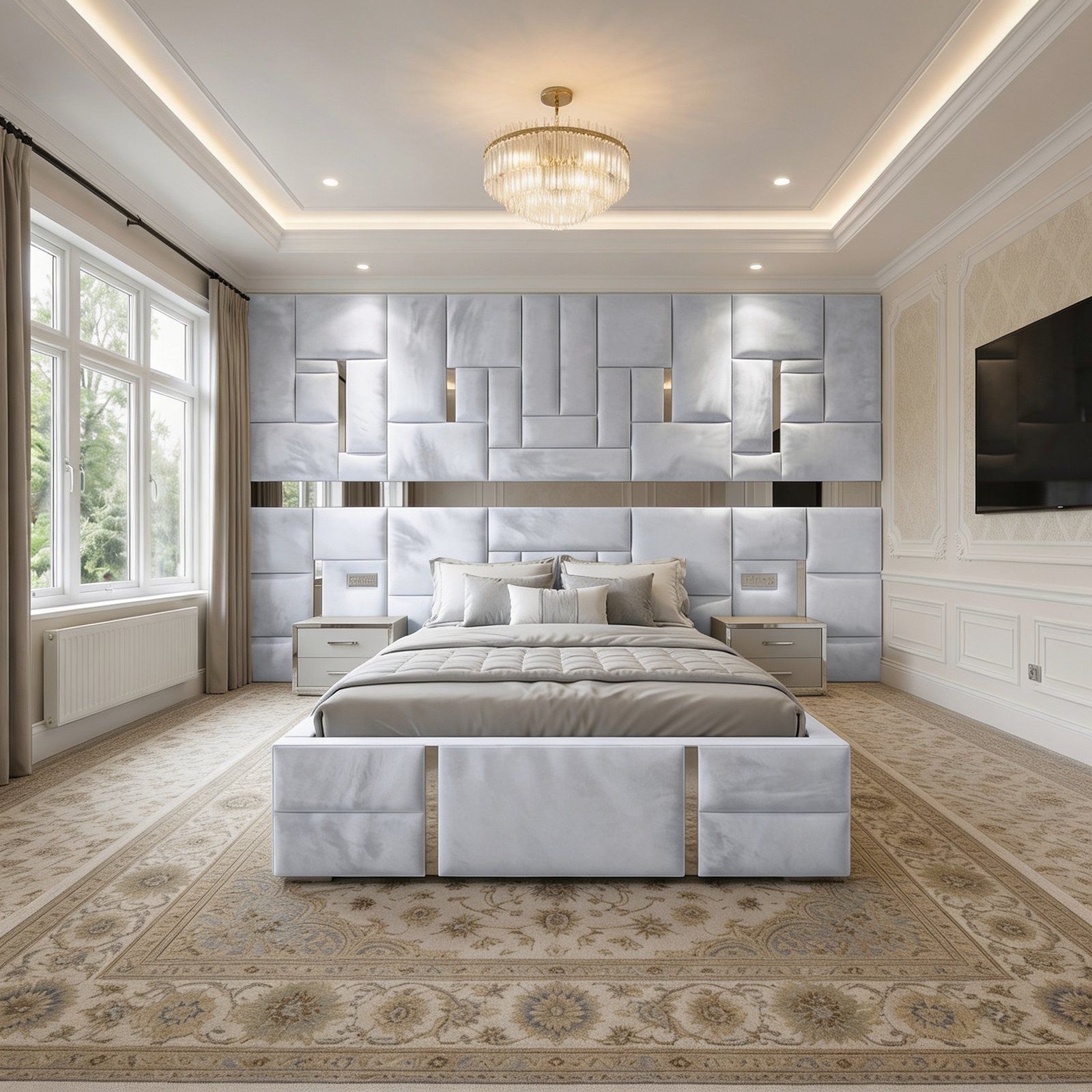 magnific_use-the-provided-room-ref_2960448073 Brand New Elegant Full Wallmounted Beds – Luxury Beds Silver Velvet Geometric Wall Suite with Mirrors - UK Handcrafted - Image 1