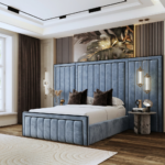 Brand New Elegant Wallmounted Beds – Luxury Beds with Long Width Headboard in Blue Velvet - UK Handcrafted