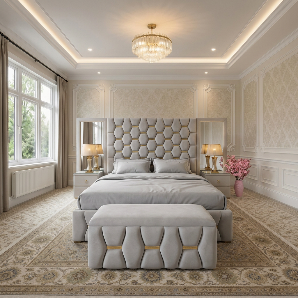 magnific_use-the-provided-room-ref_2962660118 Brand New Elegant Luxury Beds – Full Wallmounted Beds with Long Width Headboard with Side Mirrors - UK Handcrafted - Image 1