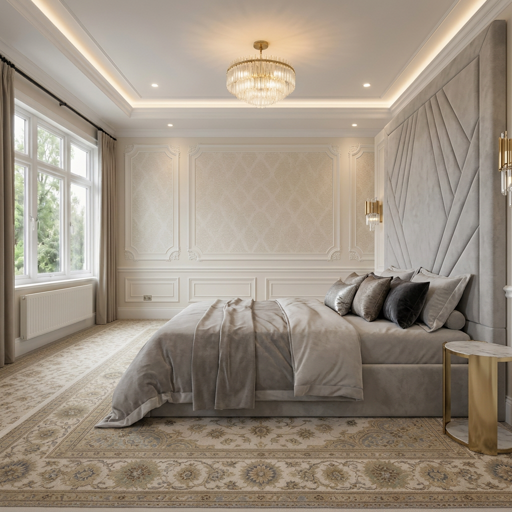 magnific_use-the-provided-room-ref_2962738404 Brand New Elegant Luxury Beds – Full Wallmounted Beds with Full Tall Headboard & Geometric Velvet Design - Image 1