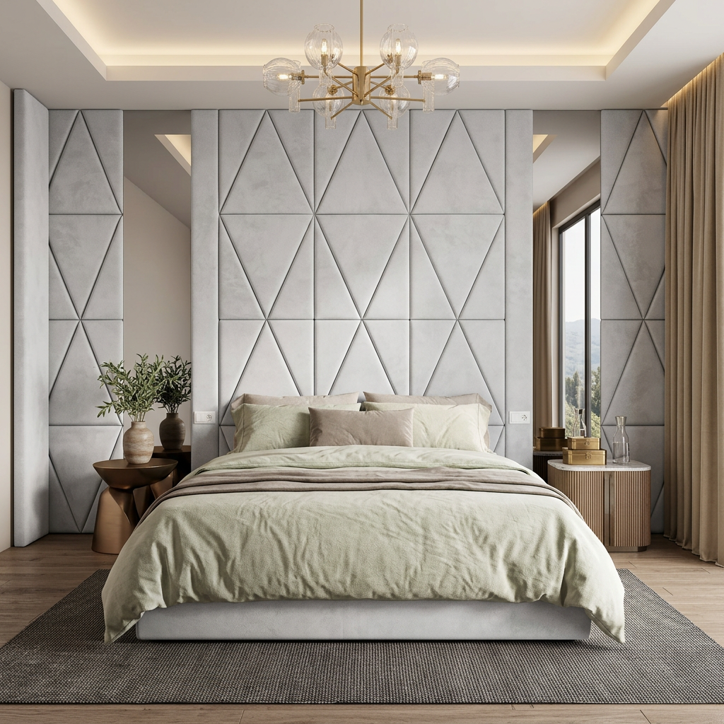magnific_use-the-provided-room-ref_2962825778 Brand New Elegant Luxury Beds – Full Wallmounted Beds with Tall Headboard with Side Mirrors & Geometric Design - Image 1