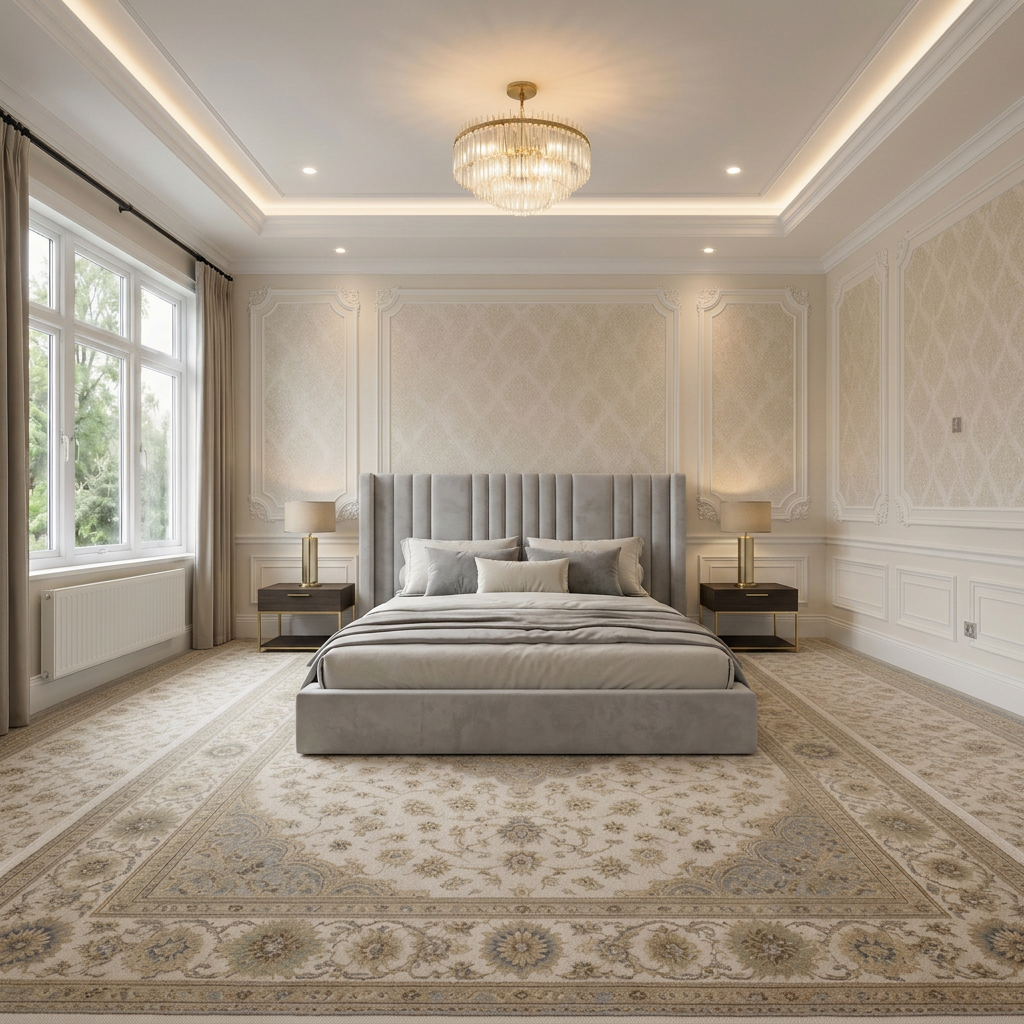 magnific_use-the-provided-room-ref_2962926280 Elegant Luxury Beds – Wallmounted Beds Velvet Vertical Tufted Frame - UK Handcrafted - Image 1