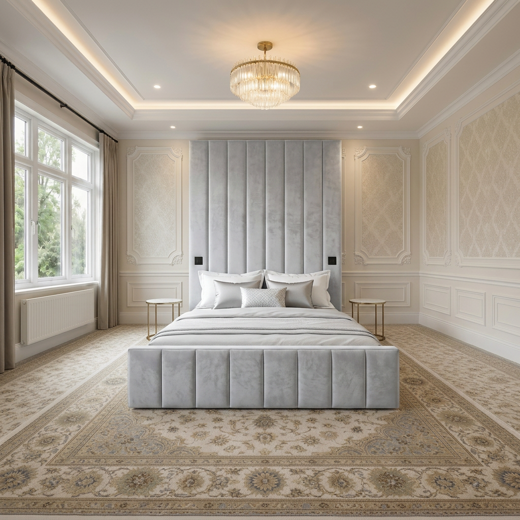 magnific_use-the-provided-room-ref_2963014938 Brand New Elegant Luxury Beds – Wallmounted Beds with Tall Headboard in Silver Velvet - UK Handcrafted - Image 1