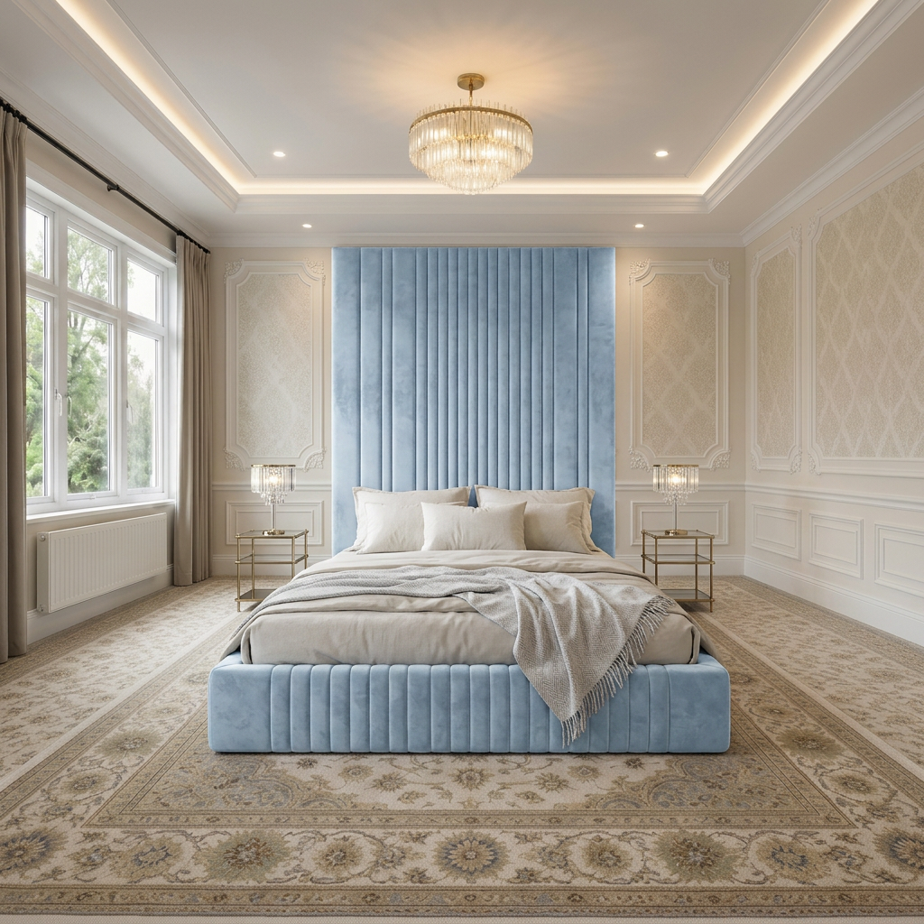 magnific_use-the-provided-room-ref_2963027861 Brand New Elegant Luxury Beds – Wallmounted Beds with Tall Headboard & Vertical Tufting - UK Handcrafted - Image 1