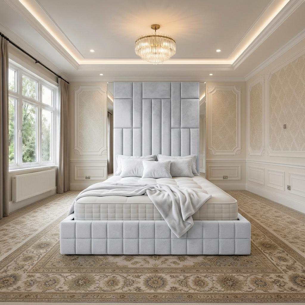 magnific_use-the-provided-room-ref_2963063075 Brand New Elegant Luxury Beds – Wallmounted Beds with Tall Headboard & Geometric Panel Design - Image 1
