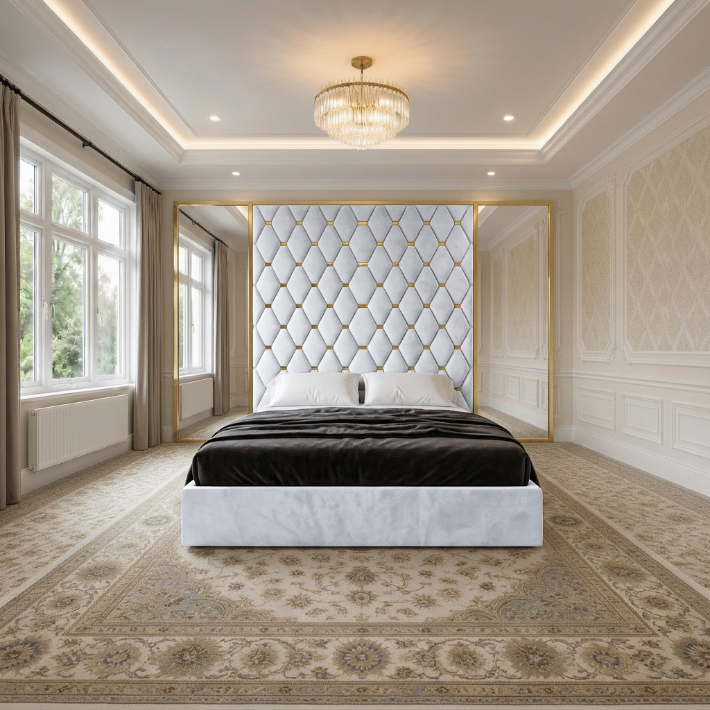 magnific_use-the-provided-room-ref_2963121529 Brand New Elegant full Wallmounted Beds – Luxury Diamond Tufted Headboard with Side Mirrors & Gold Trim - Image 1