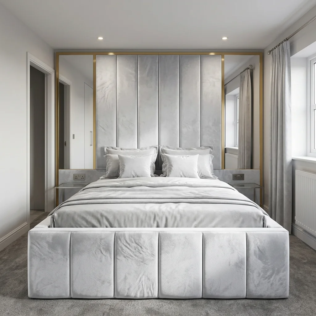 Brand New Luxury Beds – Wallmounted Beds with Tall Headboard with Side Mirrors - UK Handcrafted